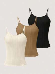 Conjunto De 3 Piezas De Camisetas De Tirantes Acanaladas De Mujer Con Color Sólido - Multicolor 2 - Ver 6