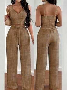 Set de 2 piezas con top de tirantes con estampado floral y pantalones anchos con cintura elástica y lazo para mujeres - Marrón - Ver 4