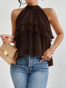 Blusa de gasa con volantes asimétricos y cuello suelto - Café integral - Ver 3