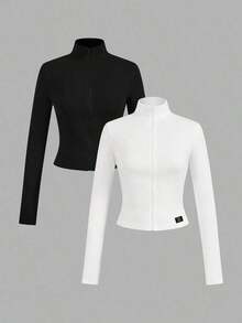 2 piezas Conjunto versátil de ropa deportiva de punto blanca y negra para yoga y fitness, camiseta de manga larga con cremallera y bordado gráfico de letras, elegante para otoño/invierno - Multicolor 13 - Ver 11