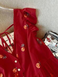 Blusa de mujer de talla grande con estampado floral de gasa, estilo casual de frente abierto tipo resort, versátil para primavera, verano y otoño - Rojo 2 - Ver 3