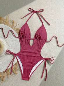 Traje de baño de una pieza con escote en  y espalda descubierta, de punto jacquard con textura, color verde oliva, adecuado para vacaciones en la playa - Rosa Fucsia - Ver 6