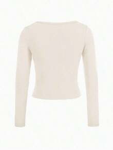 Camiseta básica de manga larga y cuello redondo negro ajustada para mujer, perfecta para el verano - Albaricoque - Ver 3