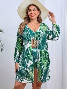 Conjunto de traje de baño estampado tropical de talla grande top de tirantes con cordón y kimono de verano para mujer moda 3 piezas - Turquesa - Ver 4
