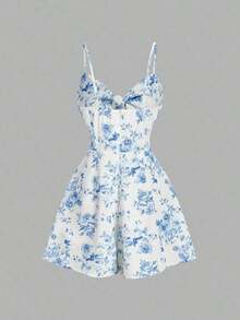 Mono de mujer de moda con lazo decorativo y tirantes en unicolor - Azul y blanco - Ver 5