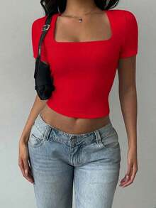 Top corto ajustado de mujer de punto con cuello convertible de unicolor - Rojo - Ver 4