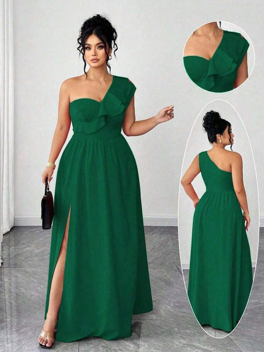Vestido de mujer de talla grande con volantes, tirantes de espagueti y unicolor, adecuado para volver al colegio, graduación, San Valentín, festival de música, Día de la Madre, Halloween, Acción de Gracias, Pascua, Baile de graduación, cita, tempo - Verde Oscuro - Ver 1