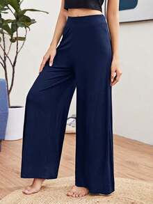Pantalones casuales de mujer de cintura alta, sueltos, de unicolor y de pierna ancha - Azul marino - Ver 4