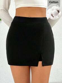 Falda de verano, falda recta con aberturas laterales para mujer, falda casual y sexy de cintura alta con corte mini, lisa, negra, para uso diario casual en primavera/verano - Negro 2 - Ver 2