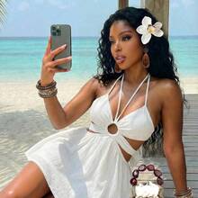 Summer Fashion Basics, Versatile, Casual And Elegant, Suitable For Vacations, Travel, Beaches, Seaside, Pools, Yachts, Sunbathing, Cute And Sweet, Casual And Elegant, Halter Neck Lace Patchwork Hollow-Out A-Line Umbrella Skirt White Crepe Women's Short Dress - Z,Summer Dresses For Women - Verde - Ver 4