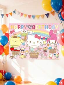 SANRIO 这款三丽鸥主题派对背景幕布共有四种款式，以酷洛米、美乐蒂、凯蒂猫和朋友们为主题，搭配柔和的生日图案、礼盒和充满童趣的插画。背景幕布采用轻盈防皱面料，高清印花，为生日庆典、拍照区和主题活动增添梦幻般的和谐美感。 - 多款 - 查看 10
