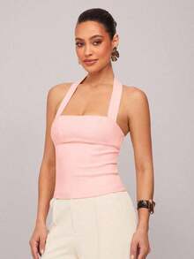 1 Top corto de unicolor con volantes para mujer, camiseta sin mangas ajustada de cuello halter de moda para oficina y transporte, color amarillo mantequilla - Rosa Pálido 2 - Ver 8