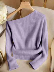 Camiseta de mujer de un solo hombro, con decoración metálica, puños divididos y de unicolor acanalado, con un diseño elegante y versátil, perfecta para el verano, top elegante de mujer, top casual de mujer, ropa de playa, vacaciones de verano, ro - Morado - Ver 2