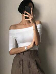 Camiseta negra de manga corta ajustada con hombros descubiertos de unicolor para mujer, primavera/verano - Blanco 2 - Ver 7