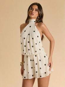 Vestido corto de mujer con tirantes de espagueti y espalda descubierta con lunares, ideal para verano, vacaciones, citas, San Valentín y otros eventos elegantes de verano - Blanco y Negro - Ver 7