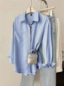 Blusa de mujer de manga larga con hombros caídos y rayas, Blusas de manga larga - Azul - Ver 5