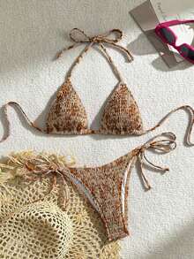 Swim Mod Conjunto de bikini sexy para mujer con estampado floral de verano, copa push-up y cuello halter con lazo - Marrón - Ver 5