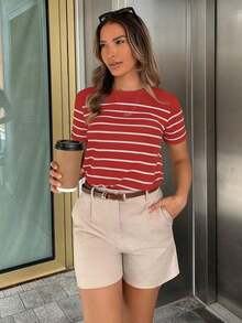 Camiseta casual versátil de rayas con gráficos para mujeres - Rojo y blanco - Ver 5
