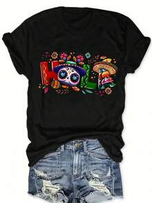 Summer Short Sleeve T-Shirt With HOLA Print And Mexican Style, Plus Size, Casual Fashion For Women, Elegant Clothing For Women - 黑色 - 查看 1