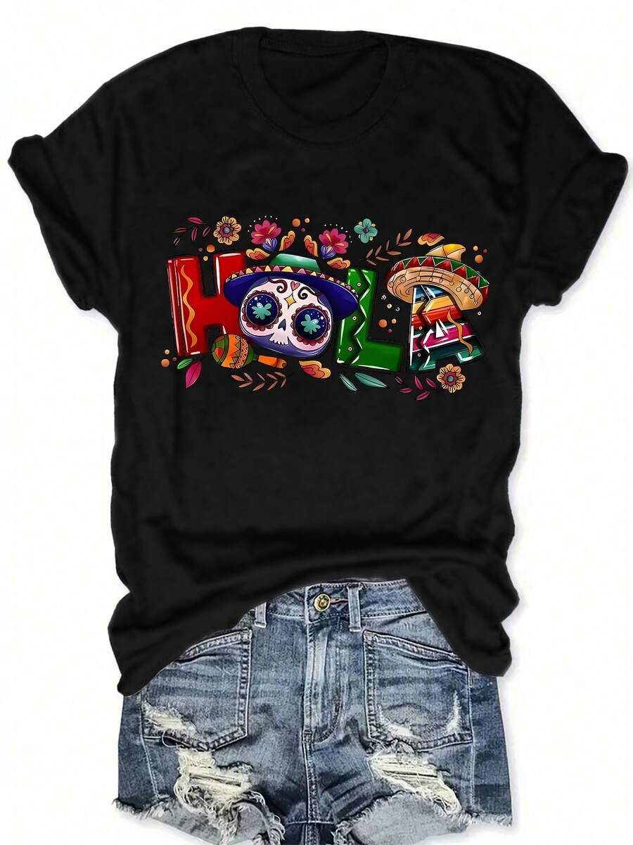Summer Short Sleeve T-Shirt With HOLA Print And Mexican Style, Plus Size, Casual Fashion For Women, Elegant Clothing For Women - 黑色 - 查看 1