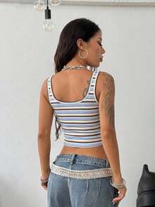 de ropa casual y minimalista para deportes, uso diario, fiestas y aeropuerto, con rayas grises y amarillas, atuendo ideal para festivales de música, outfit de verano para mujer, top de tirantes para mujer - Multicolor 2 - Ver 2