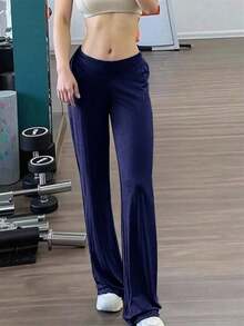 Pantalones casuales rectos y holgados de cintura elástica de unicolor para mujeres - Azul marino - Ver 2