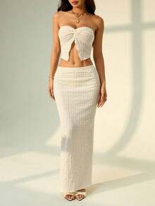 Set de top tubo texturizado de punto beige y shorts para mujer, conjunto de primavera, atuendos para rave y festivales, ropa occidental para mujer, atuendos de playa para mujeres - Albaricoque - Ver 4