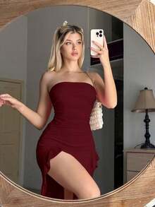 Vestido tubo fruncido bajo asimétrico - Burdeos - Ver 4
