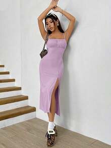 Vestido camisero elegante de mujer con tirantes finos, espalda descubierta, pliegues y abertura alta en la falda - Lila Púrpura - Ver 5