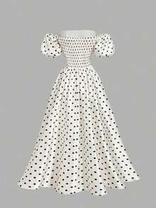 Vestido midi con hombros descubiertos, mangas abullonadas y estampado floral, primavera - Blanco y Negro - Ver 3