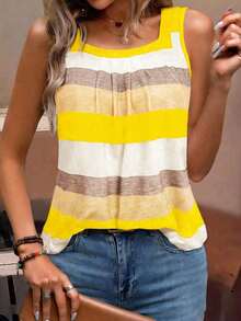 Camiseta sin mangas de mujer con bloques de color y rayas, estilo casual para vacaciones - Amarillo - Ver 3