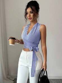 Chaleco de verano casual y elegante tejido para damas - azul real - Ver 6