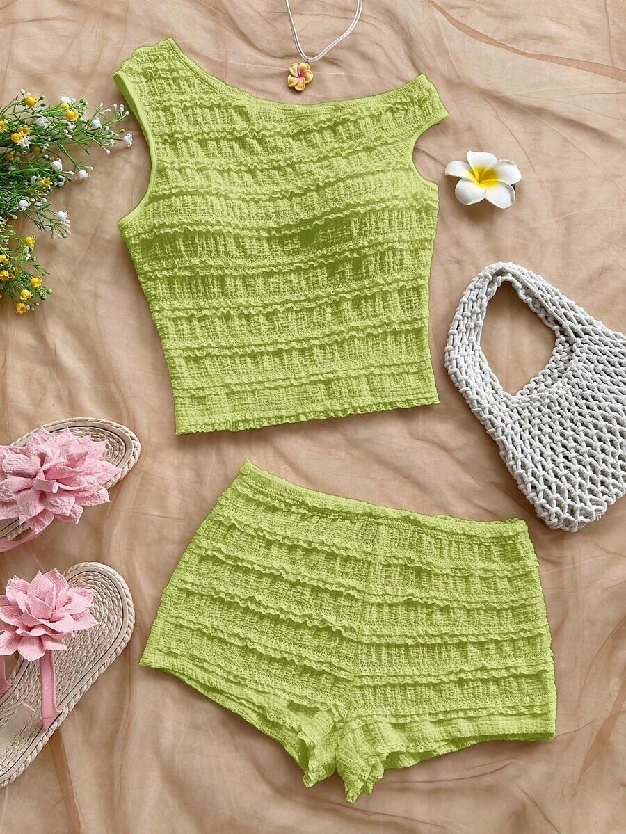Conjunto de 2 piezas para vacaciones primavera/verano de mujer: Top corto asimétrico de hombro de punto a rayas rojas y blancas y shorts ajustados de tiro súper bajo, adecuado para fiesta, Navidad, San Valentín, cita, playa, crucero, carnaval, Pasc - Verde - Ver 1