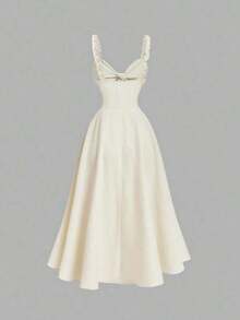 Vestido de mujer de unicolor con nudo delantero, elegante, con tirantes finos y de largo medio - Albaricoque - Ver 4