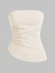 Top tubo sencillo y elegante con cintura fruncida, adecuado para verano, top tubo azul marino, tops tubo para mujer, top sin tirantes para mujer, top tubo azul marino - Albaricoque - Ver 6