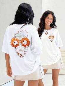Skull With Vibrant Sunflowers Obscuring Its Eyes, Women's T-Shirt, 100% Cotton; Represents A Colorful And Optimistic Rebirth, Celebrating Life In Memory Of The Deceased. Suitable For Spring, Summer And Autumn - White - View 1