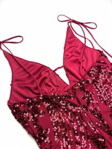 UNITHORSE Women's Sequin Patchwork Elegant Waist Cinched Evening Gown - Burgundy - View 9
