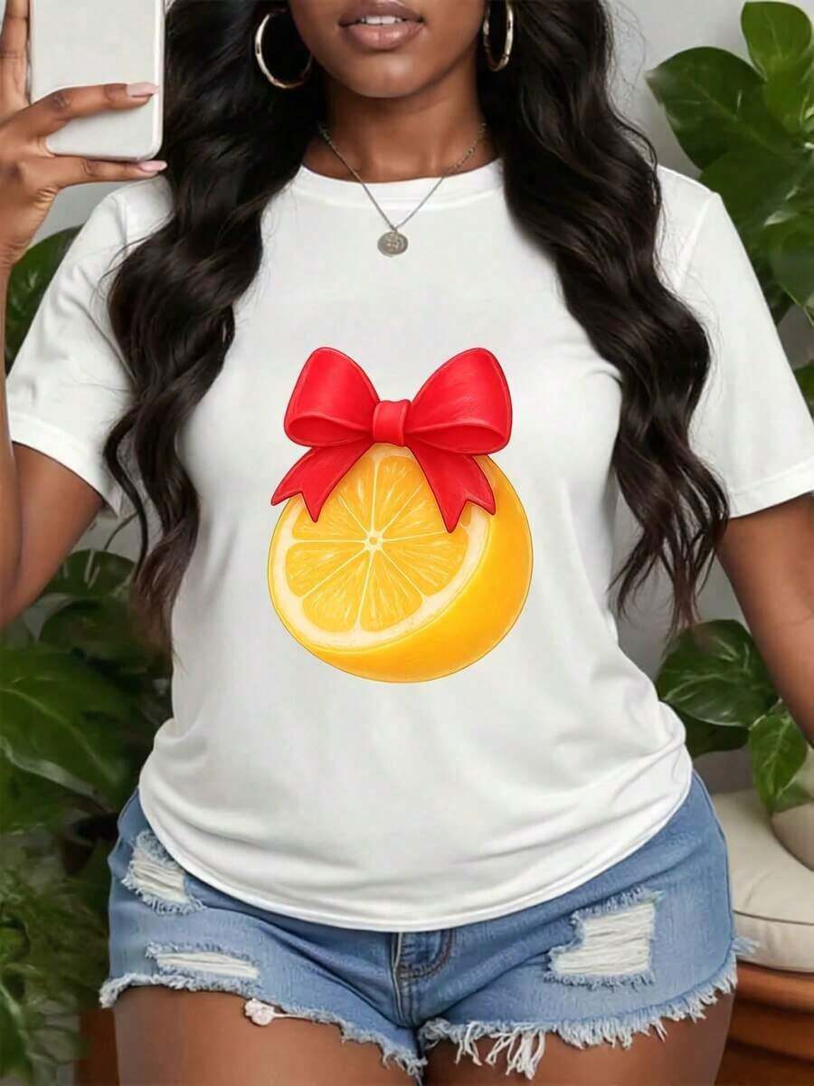 Women's Summer Casual T-Shirt With Letter And Fruit Print, Short Sleeve Lemon Design T-Shirt, Graphic T-Shirt With Lemon And Bow Design, Casual Vacation Style T-Shirt, Summer Clothing, 100% Cotton, Durable - 白色 - 查看 1