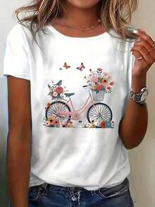 Camiseta de Verano para Mujer con Estampado de Mariposas y Flores, Estilo Universitario Fresco, Holgada, de Manga Corta y Versátil - Blanco - Ver 7