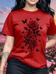 Fashionable Casual T-Shirt For Women With Unique Romantic Rose Design, Short Sleeve, Round Neck, Gift For Valentine's Day, Travel, Vacation, Party, Sweet And Elegant, Gift For Girlfriend, Gift For Mom - 紅色 - 查看 1