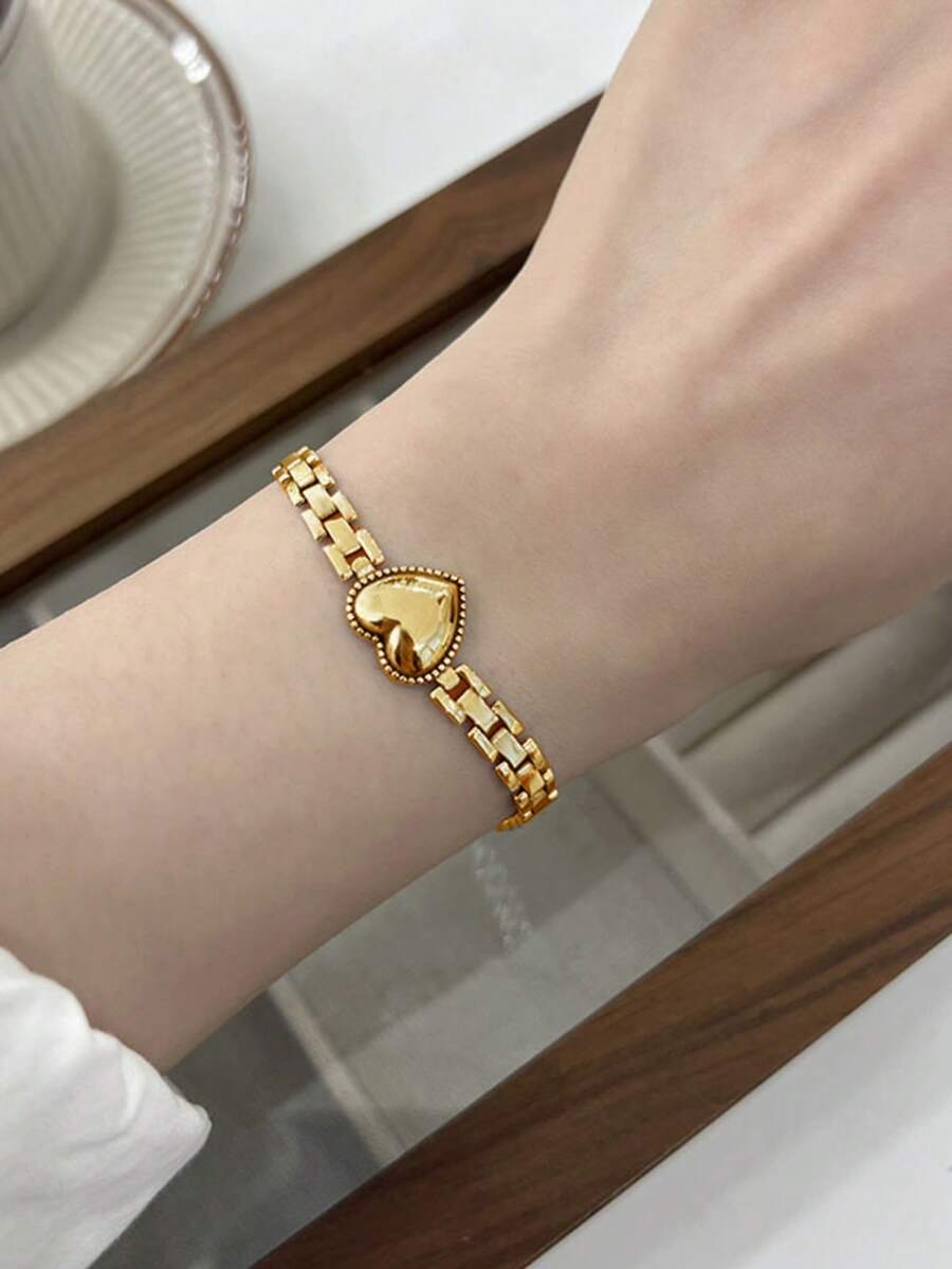 1pc Heart-Shaped Watch Band Bracelet, Korean Fashion Versatile Thick Chain Luxury Design For Girl - Gold - View 1
