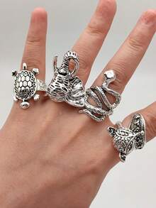 Juego de 5/20/30 piezas de anillos para dedo estilo punk, diseño aleatorio, tamaño aleatorio, animales: tigre, tortuga, elefante, serpiente, gato, búho, unisex - Multicolor - Ver 4