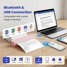 Inkless Portable Thermal Printer, Bluetooth Wireless A4 Printer With 1500mAh Battery, Supports Continuous & Single Thermal Paper, USB & Bluetooth Connection, Compatible With IOS/Android/Windows, Compact Design, Perfect For UK Business Trips, Travel - Pink - View 6