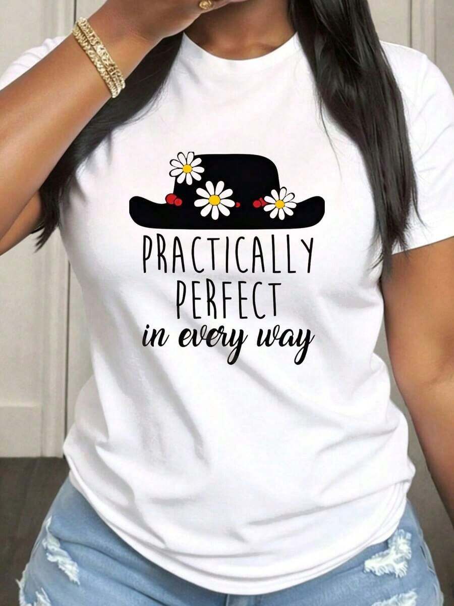 Practically Perfect In Every Aspect, Women's Plus Size Casual T-Shirt, Short Sleeve, Round Neck, With Medium Elasticity Fabric, Suitable For Spring, Summer And Autumn Casual Outfits, Machine Washable, Fun Design. - 白色 - 查看 1