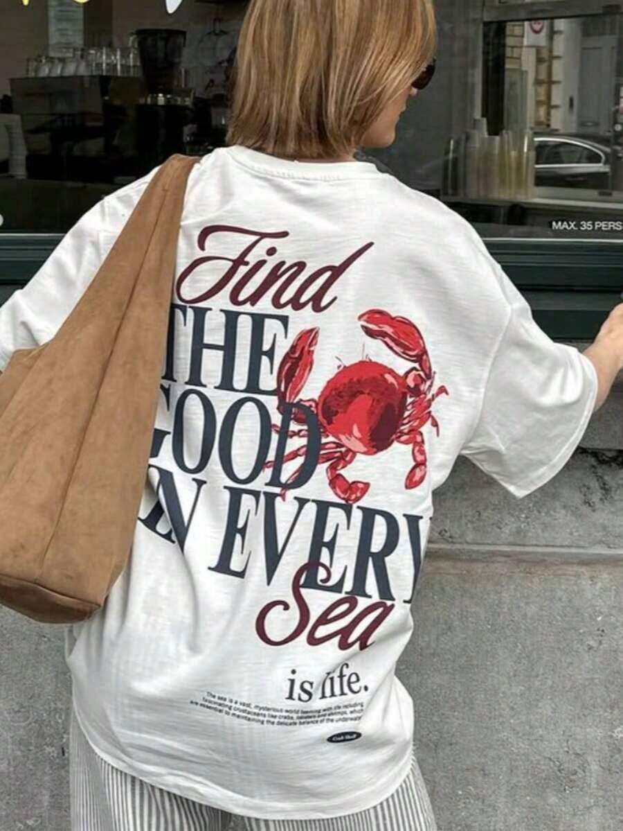 Women's Oversized T-Shirt With Y2K Crab Print And "Find The Good In Every Sea" Slogan, Casual Short Sleeve Crew Neck T-Shirt, Vintage Nautical Style For Summer, Beach Vacation Clothes, Everyday Wear, Coffee Dates, Parties, Teen Fashion, Oversized Graphic T-Shirt For Young Women - Lightweight And Breathable - 白色的 - 查看 1