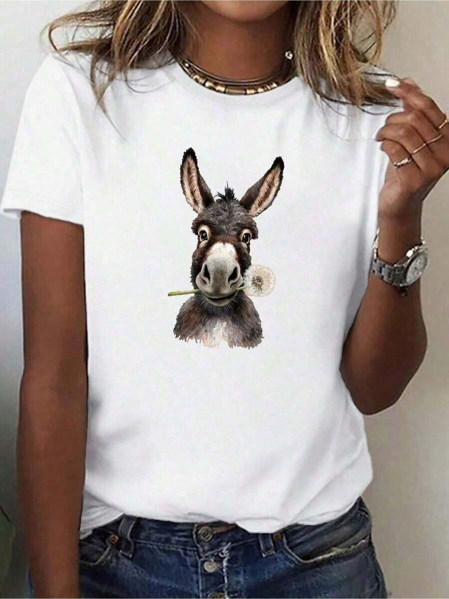Vintage Women's Clothing: Comfortable Fit Women's T-Shirt With A Fun Donkey Print, Lightweight Crew Neck Tee, Suitable For Everyday Wear, Machine Washable. Women's T-Shirt Top > Basic - 白色 - 查看 1