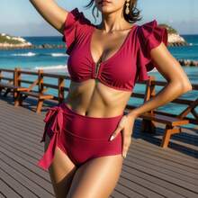 Nuevo bikini de cintura alta con volantes, estilo vintage, adelgazante y que disimula el abdomen, traje de baño push-up con escote en V profundo para mujeres en vacaciones. - Amarillo - Ver 4