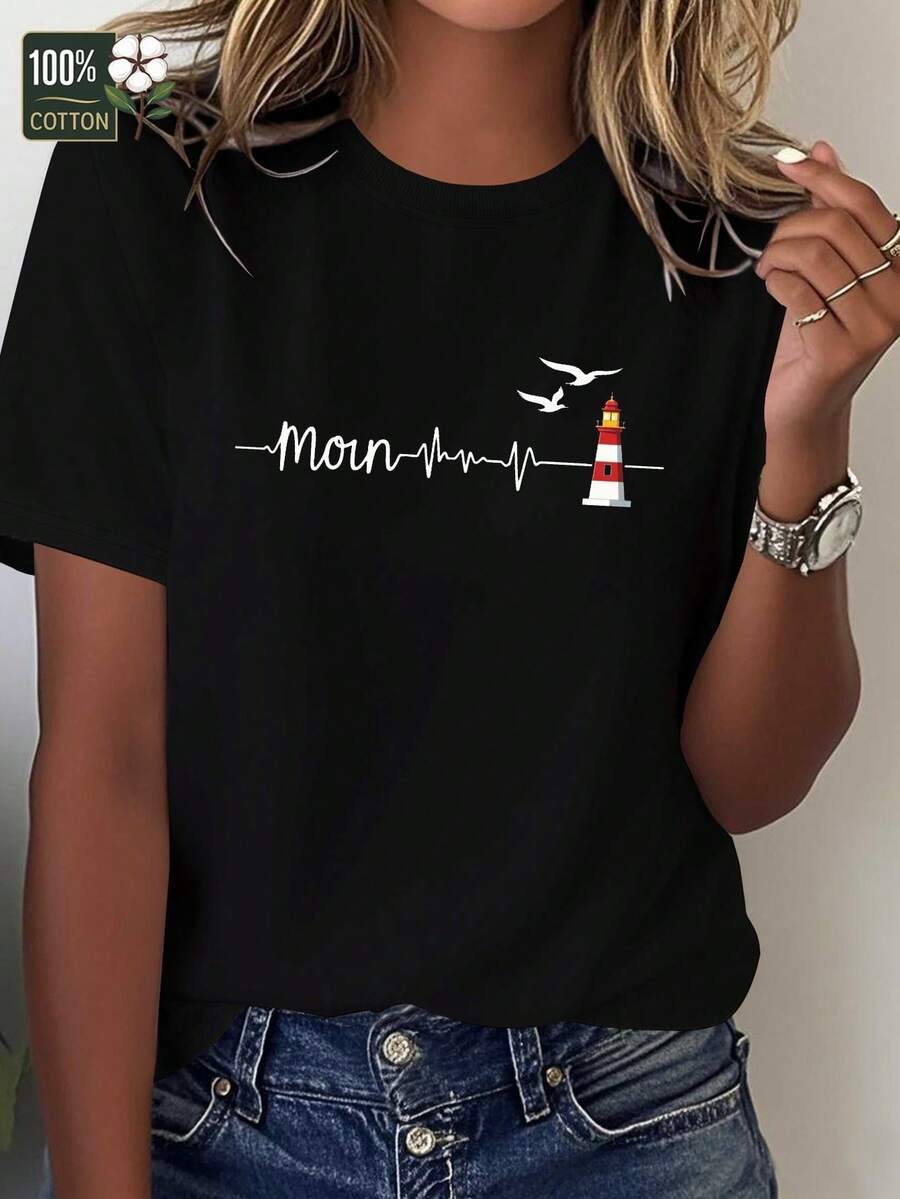 Camiseta Minimalista Mujer Heartbeat Moin Lighthouse, Ajuste Cómodo y Puro - Negro - Ver 1