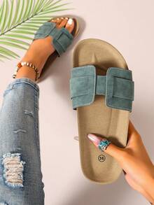 Ximi Ruo Sandal Selop Kasual Bertali Model Baru Musim Semi/Panas, Sandal Pantai Nyaman dengan Hak Datar dan Ujung Bulat, Sandal Selop Serbaguna untuk Wanita - Lime Green - View 2