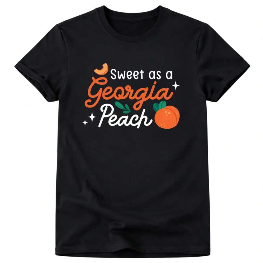 Camiseta de algodón 100% puro de 180 g – Estampado "Sweet Georgia Peach" y eslogan sureño; Camiseta casual de manga corta en azul marino con motivo de melocotón – Transpirable, ropa con temática de Georgia para todas las estaciones. - Negro - Ver 1
